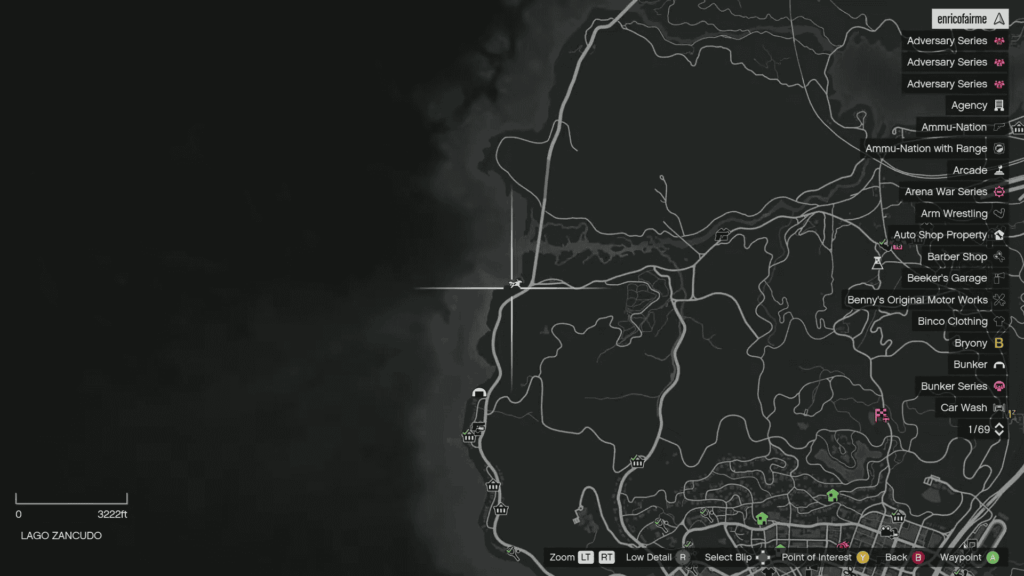 Map location of the Lago Zancudo Shipwreck map spawn location on the beach.