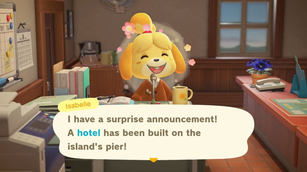 Isabelle announcing the new hotel on the island's pier. 