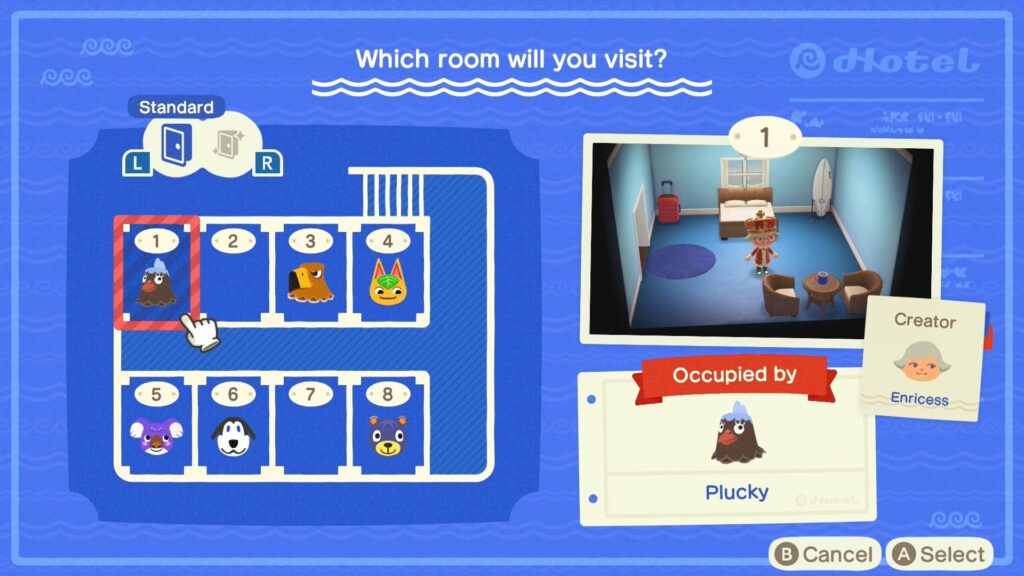 The hotel room selection screen. 