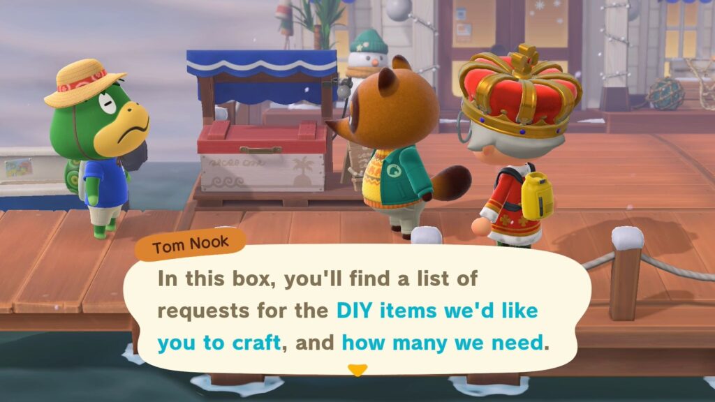 Tom Nook showing the player the DIY requests drop box in front of the hotel. 
