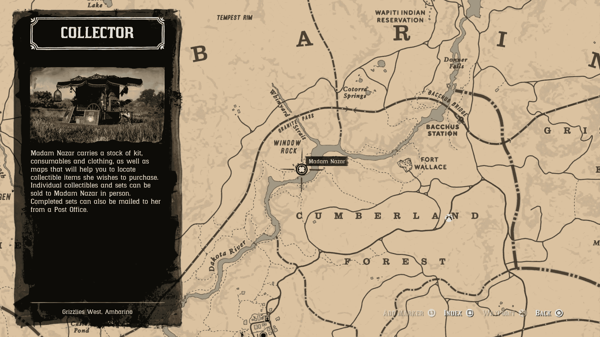 Map location of Madam Nazar's spawn in Window Rock in Red Dead Online. 