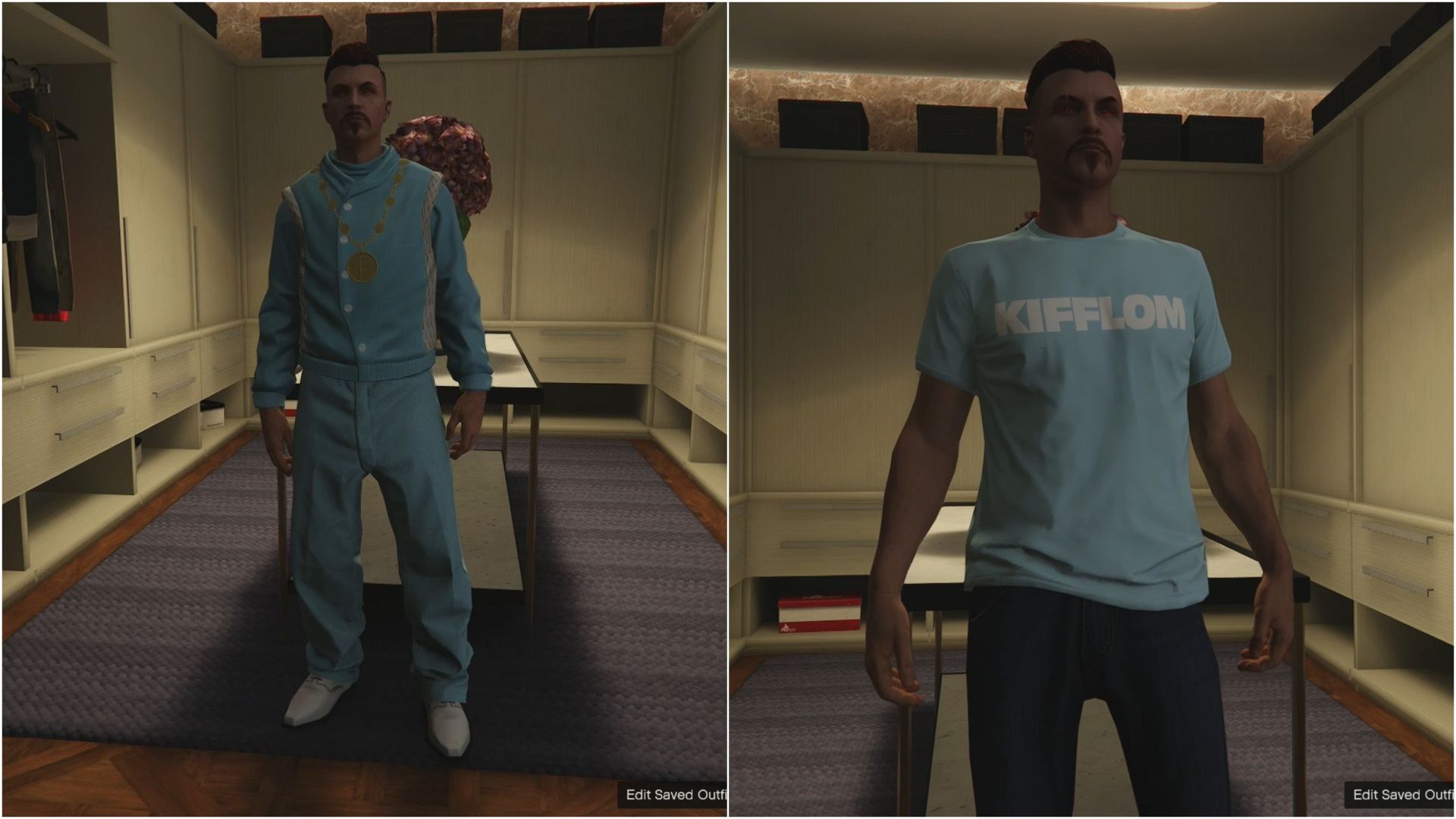 The Epsilon Robe, medallion, and Kifflom t-shirt in GTA Online.