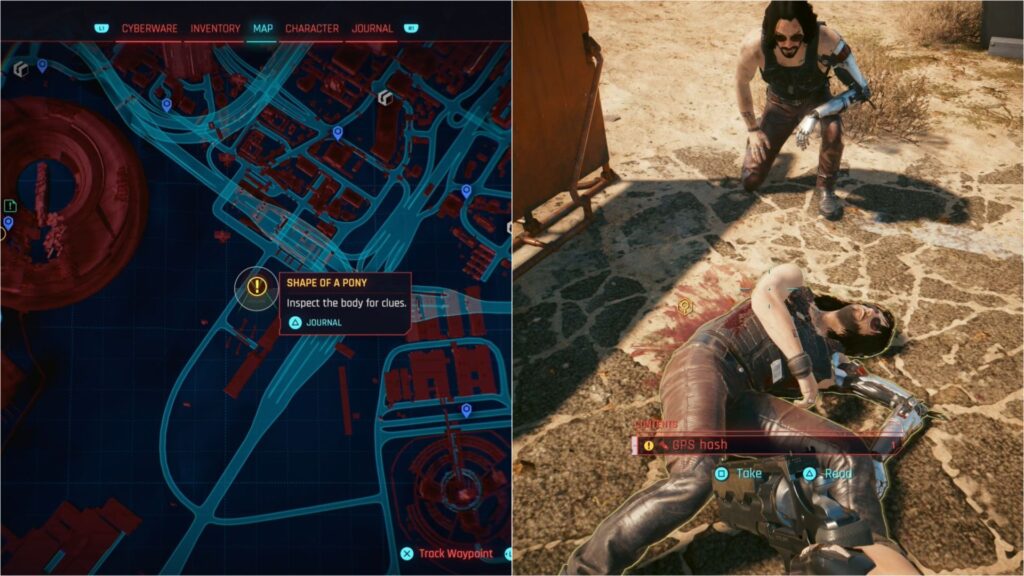 Map location and body of the superfan in the desert during Shape of a Pony in Cyberpunk 2077.