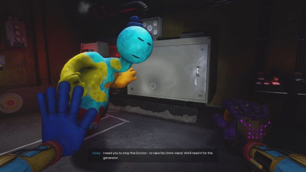 Doey standing next to the generator in the Auxiliary Power room in Safe Haven.