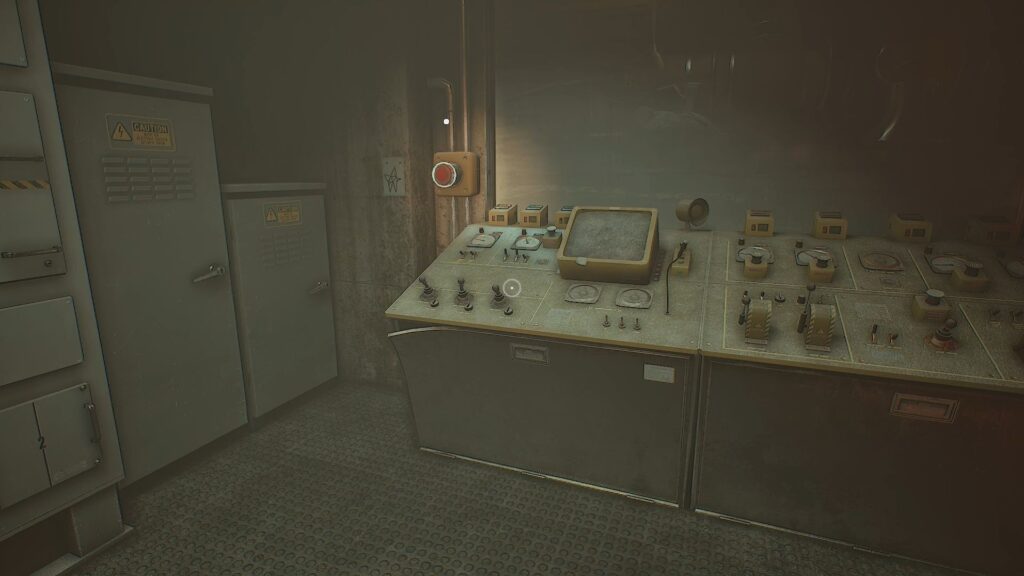 A Red Button on the wall in a control room in Recycling and Reclamation. 