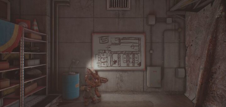 Giblet standing in front of the whiteboard that has The Boilers plan on it.