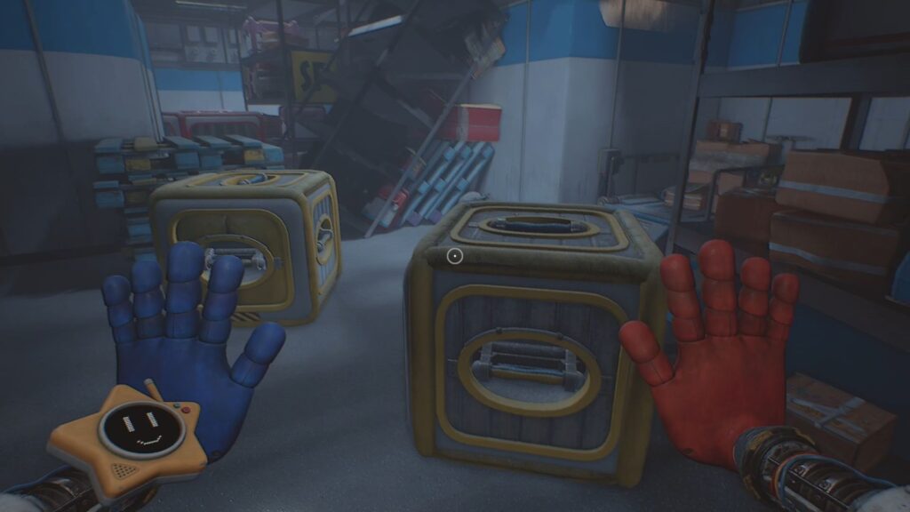 Two yellow crates making a path to the blue pallets in the middle of the storage room. 