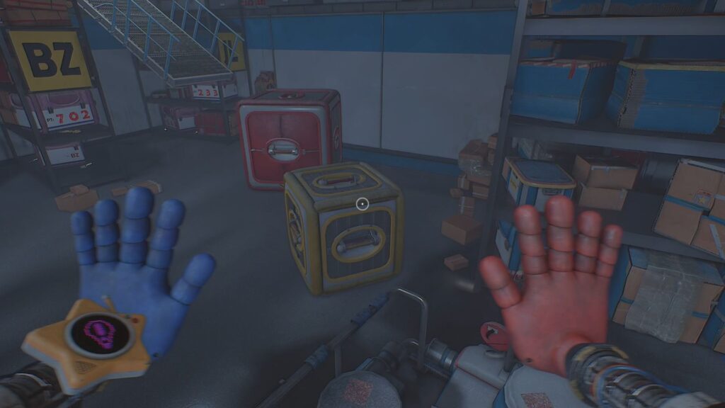 Red and yellow crates making a path to the walkway in the second section of the Storage Room. 