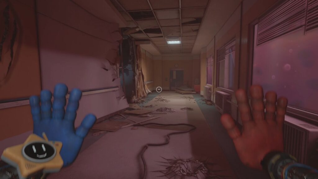 Large hole in wall in hallway near Proliferation. 