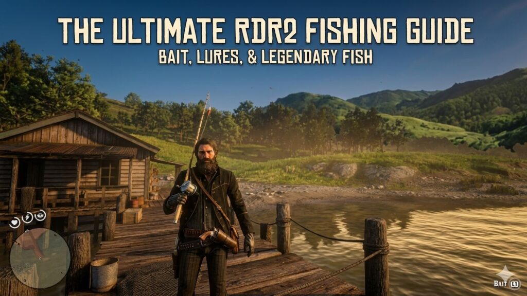 Cinematic gameplay screenshot from Red Dead Redemption 2 showing a bearded John Marston holding a fishing rod on a dock, serving as the featured image for a bait, lures, and legendary fish guide.