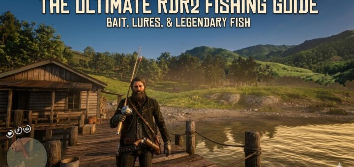 Cinematic gameplay screenshot from Red Dead Redemption 2 showing a bearded John Marston holding a fishing rod on a dock, serving as the featured image for a bait, lures, and legendary fish guide.