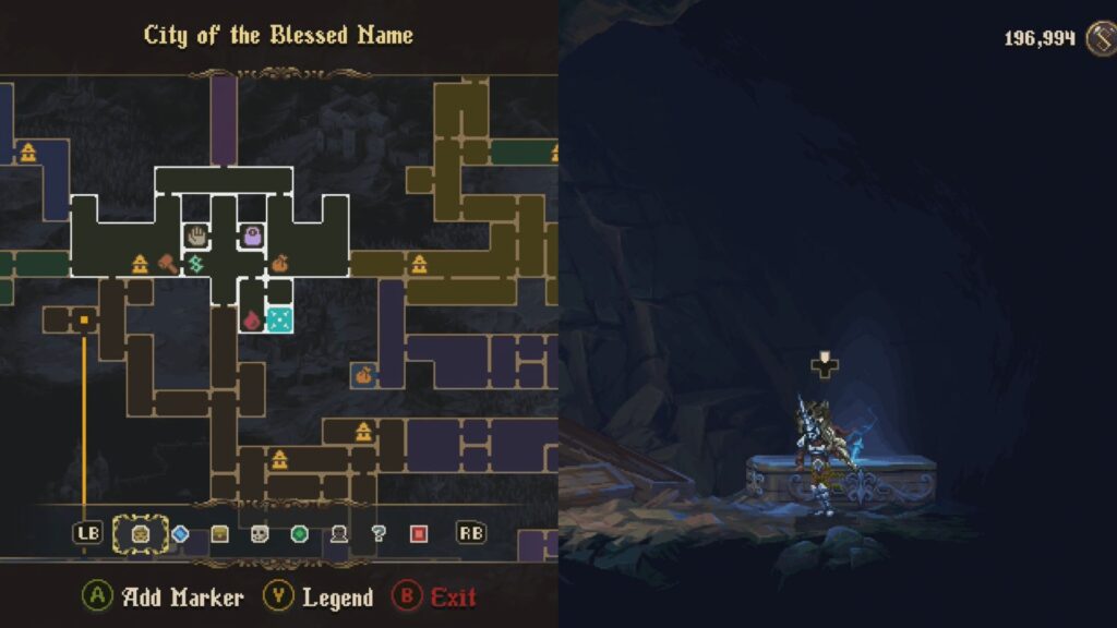 Map location and coffin with the Lamp of the Whisper of the Mist item inside it in Blasphemous 2.