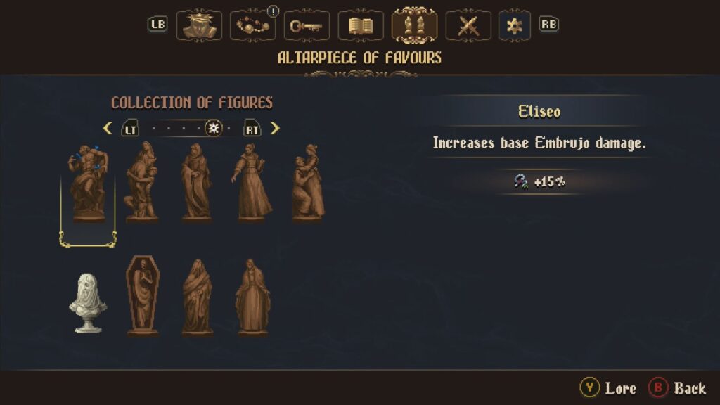 The Collection of Figures screen filled with all Altarpieces in The Third Sin.