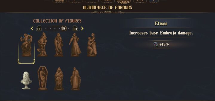 The Collection of Figures screen filled with all Altarpieces in The Third Sin.