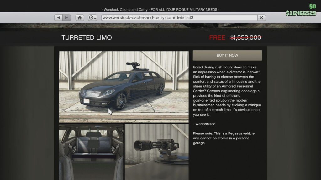 Warstock Cache and Carry Benefactor Turreted Limo store page. 