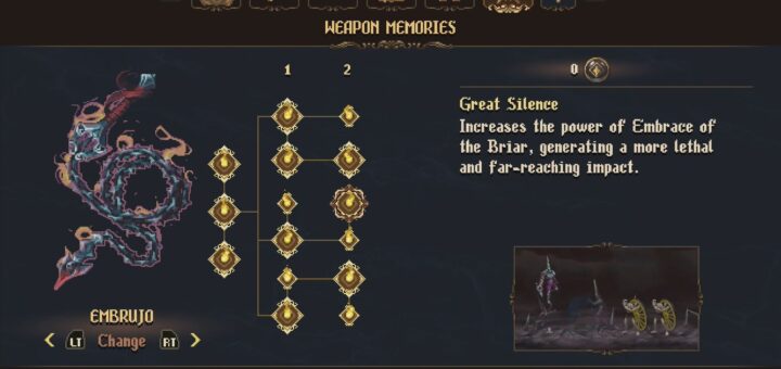 The Embrujo Weapon Memories screen in Blasphemous 2.