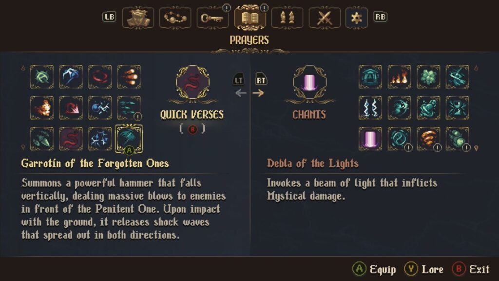 Image showing the Quick Verses and Chants menu in Blasphemous 2.