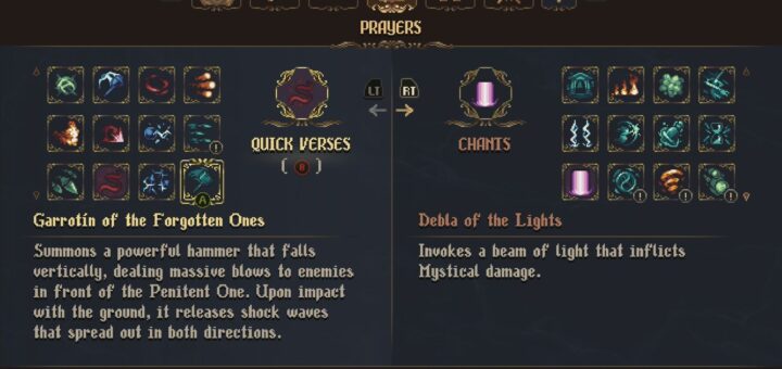 Image showing the Quick Verses and Chants menu in Blasphemous 2.