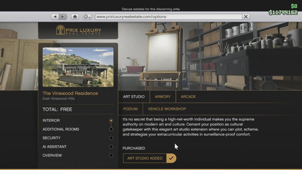 The Art Studio details screen on Prix Luxury Real Estate page in GTA Online. 