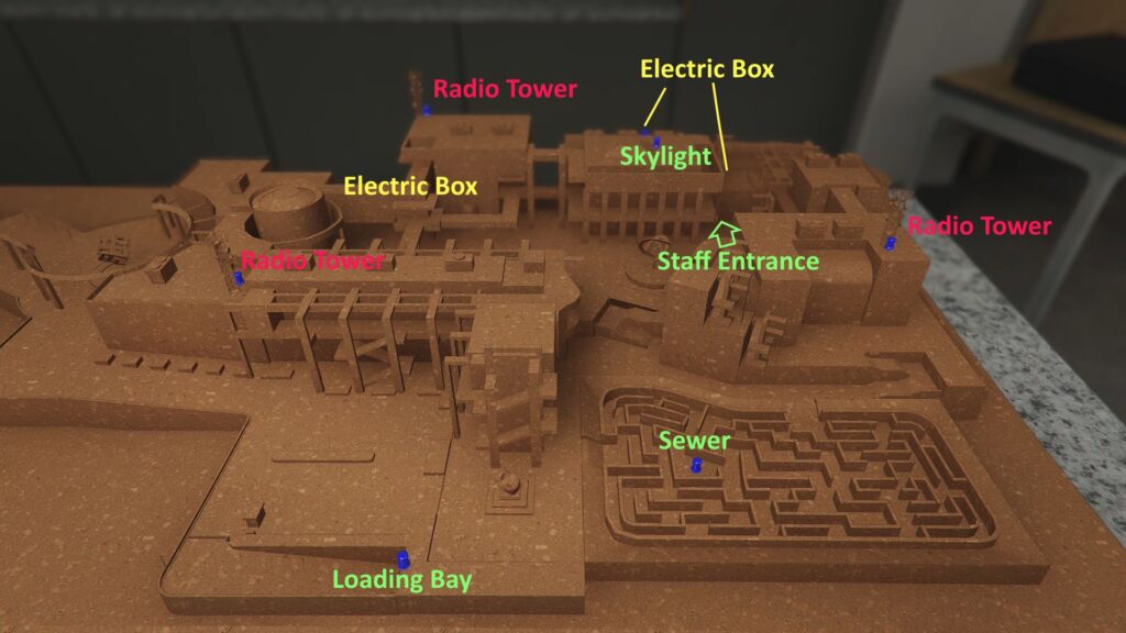 A map showing the entry points and points of interest for the Kortz Center Heist exterior in GTA Online.