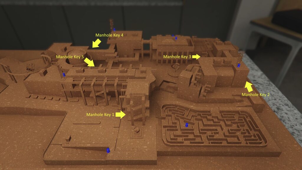 The five Kortz Center Heist Manhole Key spawn locations highlighted on the model in GTA Online.