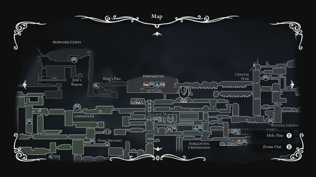 Map of Dirtmouth in Hollow Knight. 