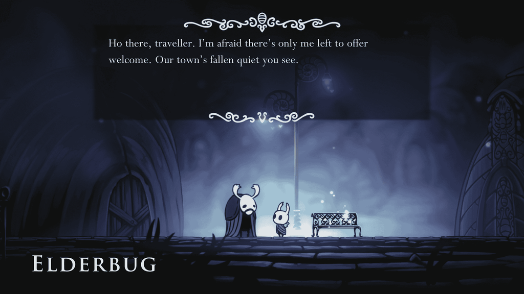 Elderbug in Dirtmouth hub in Hollow Knight. 