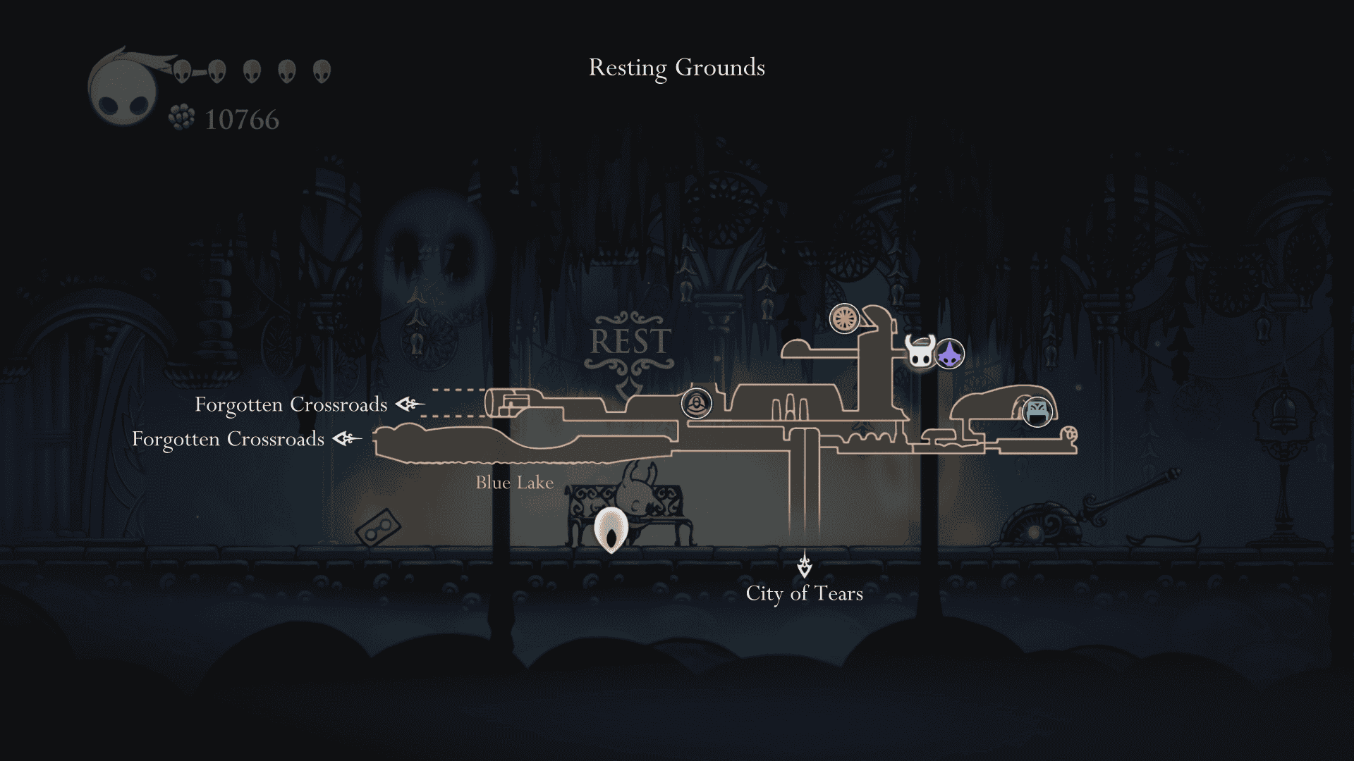 Map of the Resting Grounds in Hollow Knight.