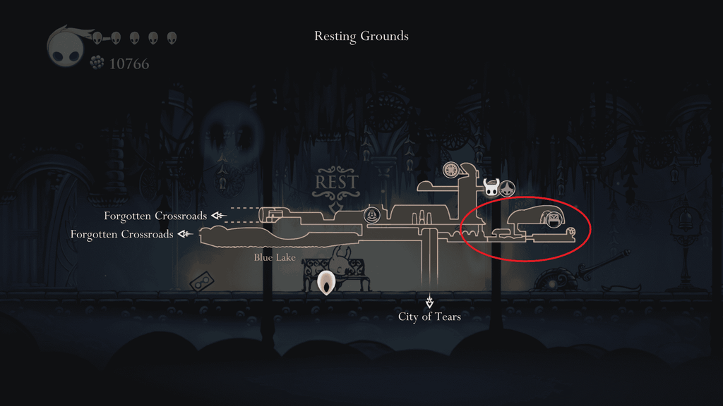 Lower right area of Resting Grounds highlighted on map.